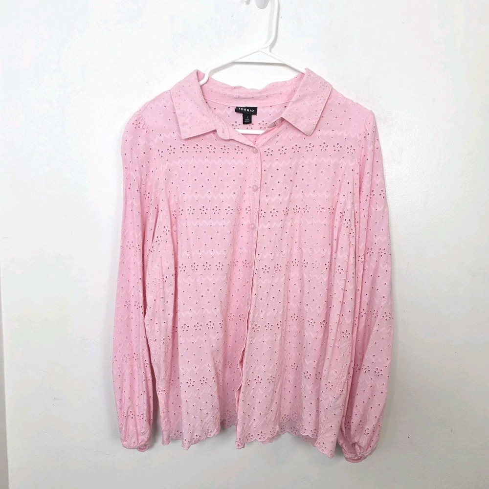 Torrid Pink Eyelet Button Up Long Sleeve Girly Coquette Feminine Blouse Size 1X